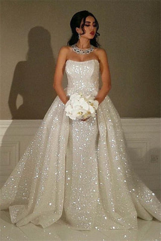 Luxury Sexy Bride Overskirt Sparkly Sequins Strapless Wedding Dresses