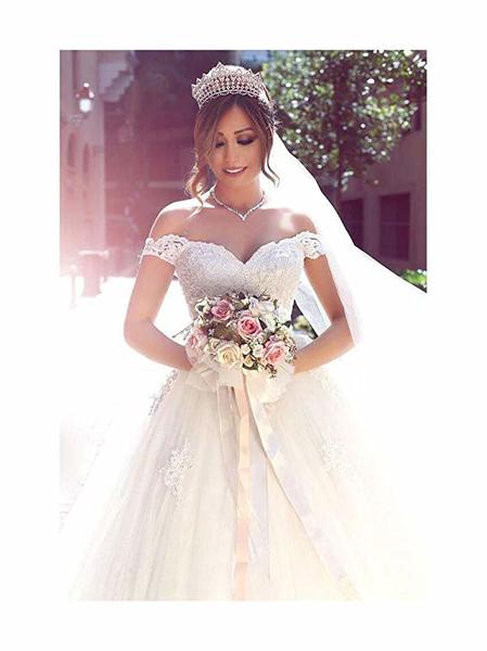 White Off Shoulder Ball Gown Lace Applique Bridal Wedding Dress ...