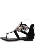 Artificial Jewel Black Flat Heel Sandals