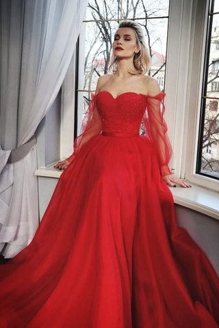 Tulle Off The Shoulder Red Long Sleeve Beading Prom Dress