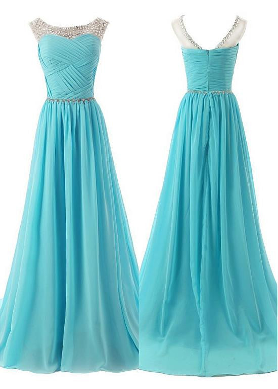 Elegant Chiffon & Tulle Bateau Neckline A-line Prom Dresses With Beadi 