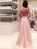 Pink Long Sleeves Beading Bowknot Sashes Bateau Backless Evening Dress