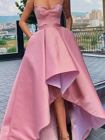 High Low Asymmetrical Princess Satin Sweetheart Prom Dresses with Ruffles