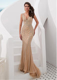 Tulle V-neck Gold Mermaid Evening Dress With Rhinestones