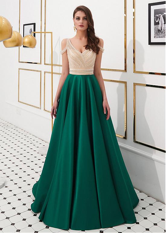 Satin V-neck Green Beading Floor-length A-line Prom Dress – Sassymyprom