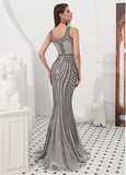 Tulle V-neck Silver Rhinestone Mermaid Evening Dress