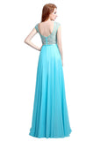 Graceful Chiffon & Tulle V-neck Neckline See-through A-line Prom Dresses With Beadings