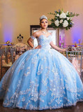 Ball Gown Sweetheart Blue Tulle Quinceanera Dress with Appliques
