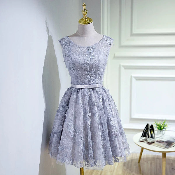 knee length dresses for ladies Silver Vintage Lace Homecoming Dress – Sassymyprom