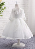 Chic Tulle & Lace Scoop Neckline 3/4 Length Sleeves Ball Gown Flower Girl Dresses With Beaded Lace Appliques