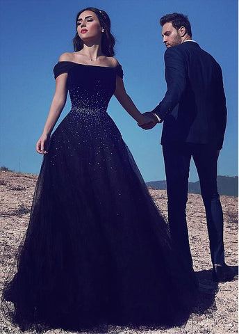 Navy Off-the-shoulder Neckline  Prom Dresses With Beadings