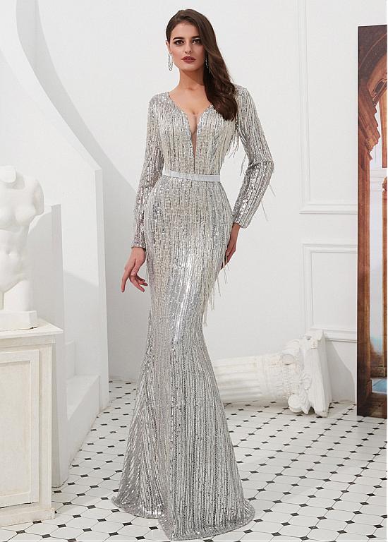 Sequin Lace V-neck Silver Long Mermaid Evening Dress – Sassymyprom