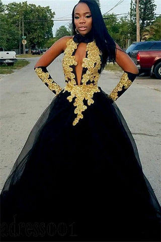 Black Halter Tulle Gold Appliques Ball Gown Prom Dress