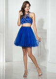 Unique Tulle Jewel Neckline A-Line Two-piece Short Homecoming Dresses With Beadings