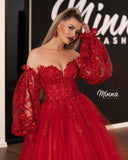 Ball Gown Red Long Sleeve Off The Shoulder Applique Prom Dress