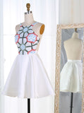White Short Flowers Embroidery Homecoming Dress