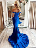 Blue Satin Off The Shoulder Trumpet Mermaid Prom Dress