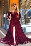 Velvet Long Sleeves Burgundy Off-The-Shoulder Prom Dress