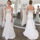  Strapless Sweep Train Elastic Satin Wedding Dress with Lace