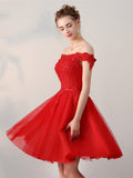 Off-the-Shoulder Appliques Pearls Sashes Red Homecoming Dress