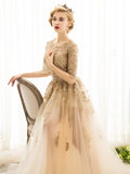  Beading A-Line Half Sleeves Scoop Lace Court Train Evening Dress