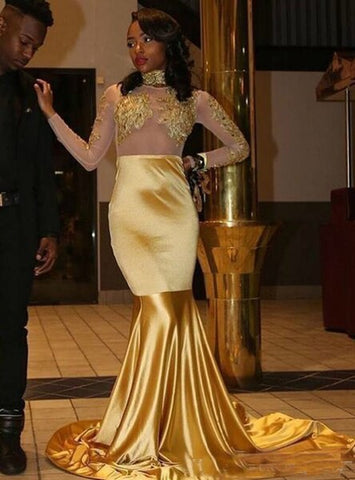 Jewel Neck Long Sleeves Gold Lace Appliques Ruched Mermaid Prom Dress