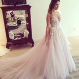V-neck A-line Sweep Train Open Back Wedding Dress with Appliques