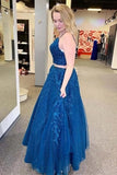 Lace Appliques Sparkly V Neck Two Pieces A Line Blue Prom Dress