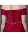 A-Line Off-the-Shoulder Lace Beading Court Train Evening Dress
