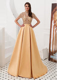 Tulle & Satin High Collar Gold  A-line Prom Dress