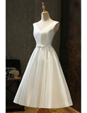 Chic Lace Up Tea Length Vintage Satin Ivory Wedding Dress