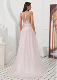 Tulle Jewel Pink A-line Prom Dresses With Beadings
