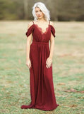 Chiffon Off Shoulder Dark Red Bridesmaid Dress with Ruffles