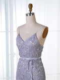 Lace Spaghetti Straps Short Grey Homecoming Dress with Sash