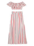 Separate Striped Top And Slit Skirt Suit - Red Stripes
