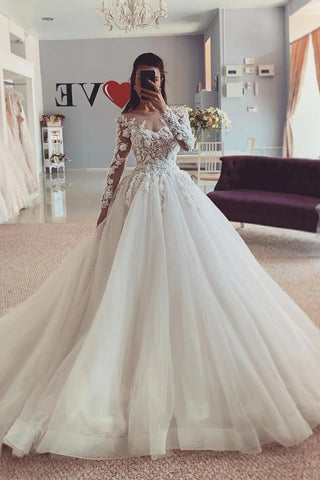 Beading Lace Appliques Long Sleeves Jewel Ball Gown Wedding Dress