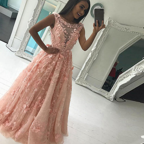Bateau Floor-Length Pink/Ivory Lace Prom Dress with Appliques