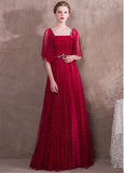 Lace Square Burgundy Evening Dress With Beadings & Belt