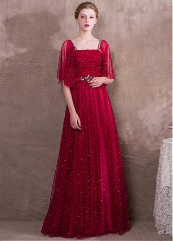 Lace Square Burgundy Evening Dress With Beadings & Belt