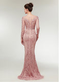  Lace Jewel Long Sleeve Pink Mermaid Evening Dress