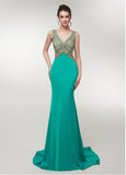  Stretch Satin V-neck Green Mermaid Prom Dress