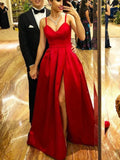 Satin Red A Line Sexy Spaghetti Straps Prom Dress With Slit