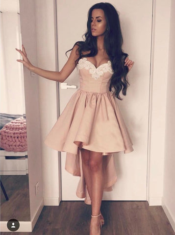 High Low Pink Stretch Satin Sweetheart Homecoming Dress 