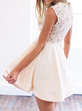 Champagne Crew Short Sleeveless Homecoming Dress with Lace