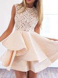 Champagne Crew Short Sleeveless Homecoming Dress with Lace