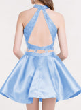 Two Piece Blue Short Tiered Satin Homecoming Dress