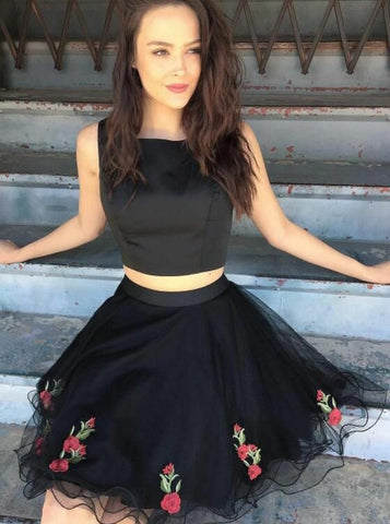 Short Black Tulle Two Piece Square Homecoming Dress
