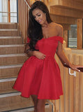 Red Satin Off-the-Shoulder Pleated Homecoming Dress
