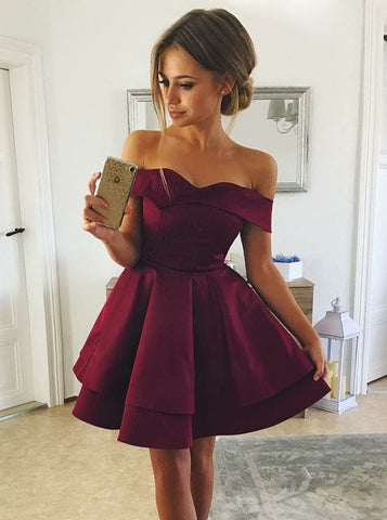 Burgundy off-the-Shoulder Tiered Wine Satin Homecoming Dress
