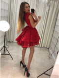 Round Neck Short Red A-Line Lace Homecoming Party Dress
